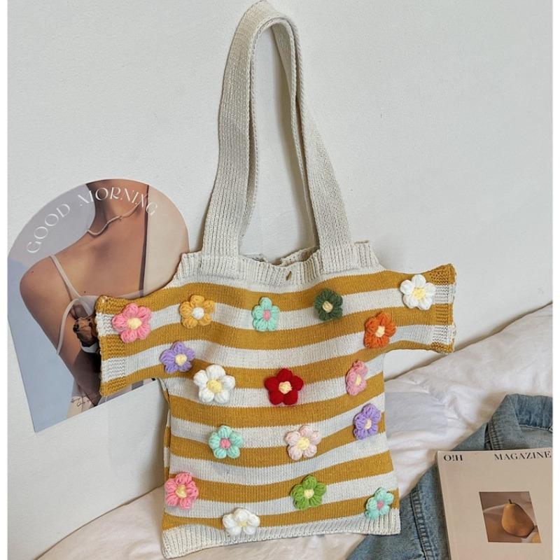 Summer Fashi Large Capacity Youth Beach Handbag  Boho Crochet Shoulder Bags Handmade Floral Striped Knit Tote Bags