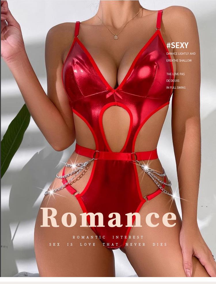 European & American Patent Leather Chain Hollow Bodysuit - Sexy Lingerie Set