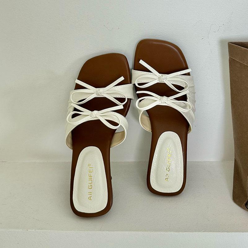 Fashion Fashion Square Toe Ladies 4cm Heels Sandals Slides Female Butterfly-Knot Footwear Elegant Women Heeled Sandals Shoes Pumps