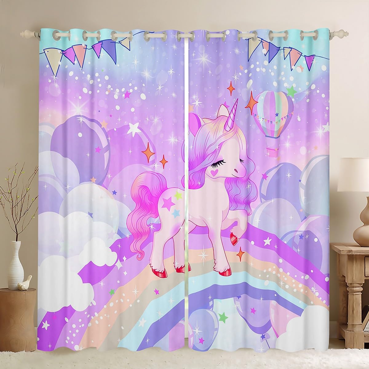 

Unicorn Blackout Drape Rainbow High Shade Protection Window Drapes Unicorn Bed Chamber Living Area Room Deco for Girls Kids Set of 2 Panels W55 X H120cm X 2&HOOK