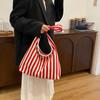 Stylish Korean Striped Large Tote Bag Versatile Retro Canvas Shoulder Bag For Daily Use
