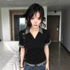 Black plaid splicing polo collar half-sleeved T-shirt women's summer academy style design sense niche fake two-piece top