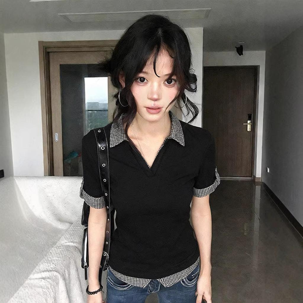 Black plaid splicing polo collar half-sleeved T-shirt women's summer academy style design sense niche fake two-piece top