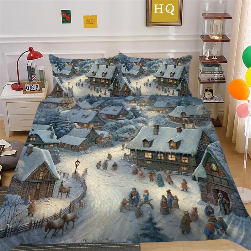 Christmas Snow Scene 3D Printed Polyester Pillowcase Quilt Cover Two Or Three Piece Set
