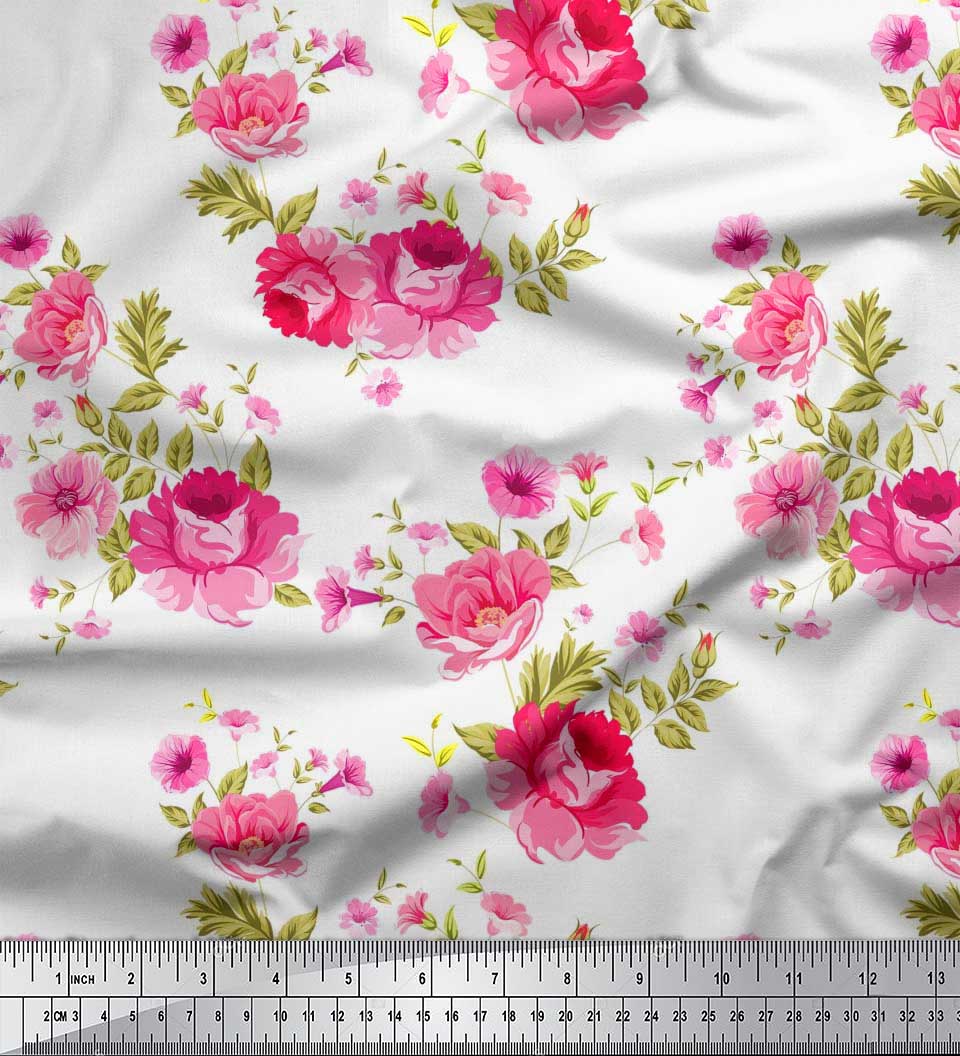 

Японська креп-атласна тканина Soimoi, листя, троянда та півонія, швейна тканина з квітковим принтом, метр 42 дюйма 42 Inch Wide - Poly Crepe білий