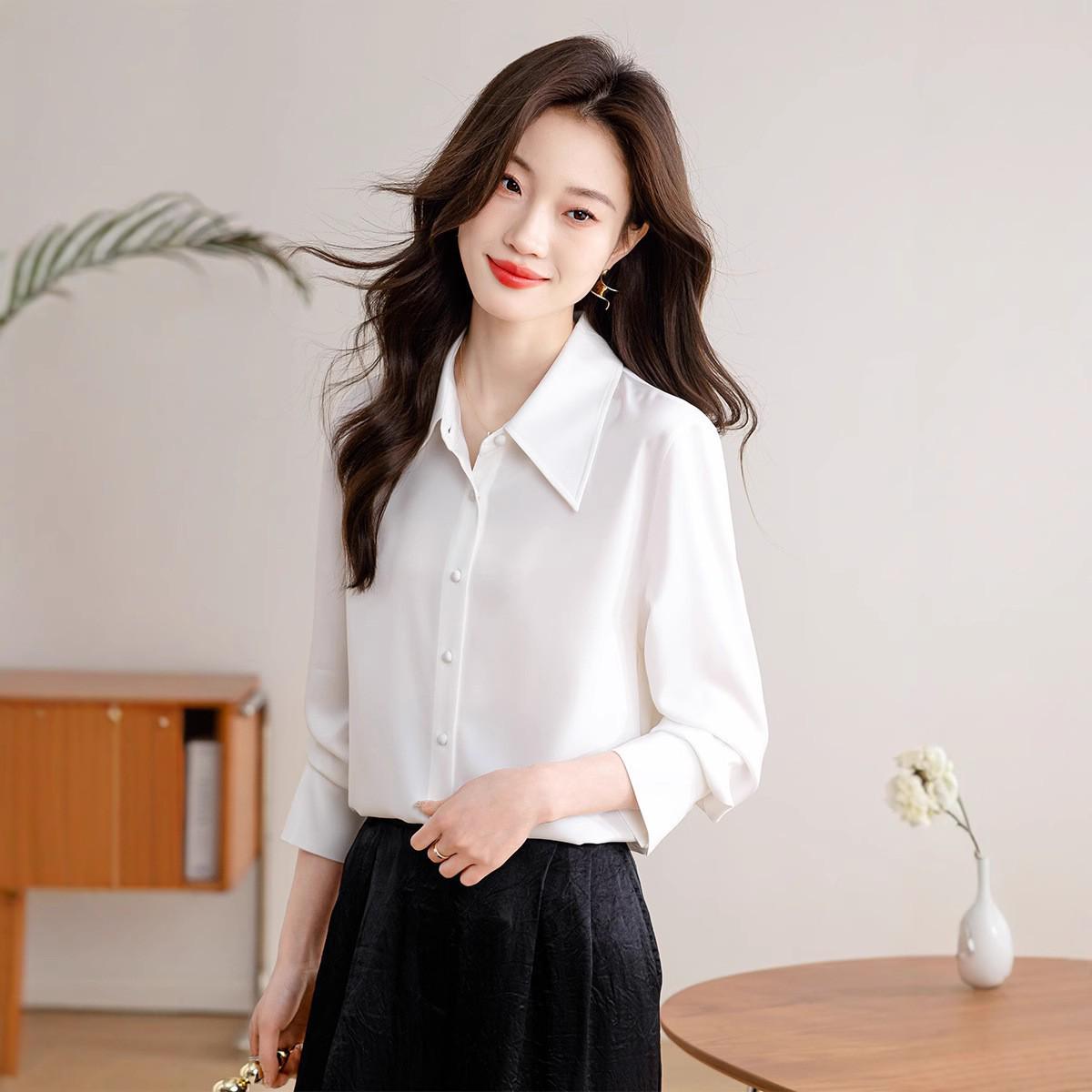 

Женская рубашка с длинным рукавом из тутового шелка - Коллекция моды весна 2025 L белый