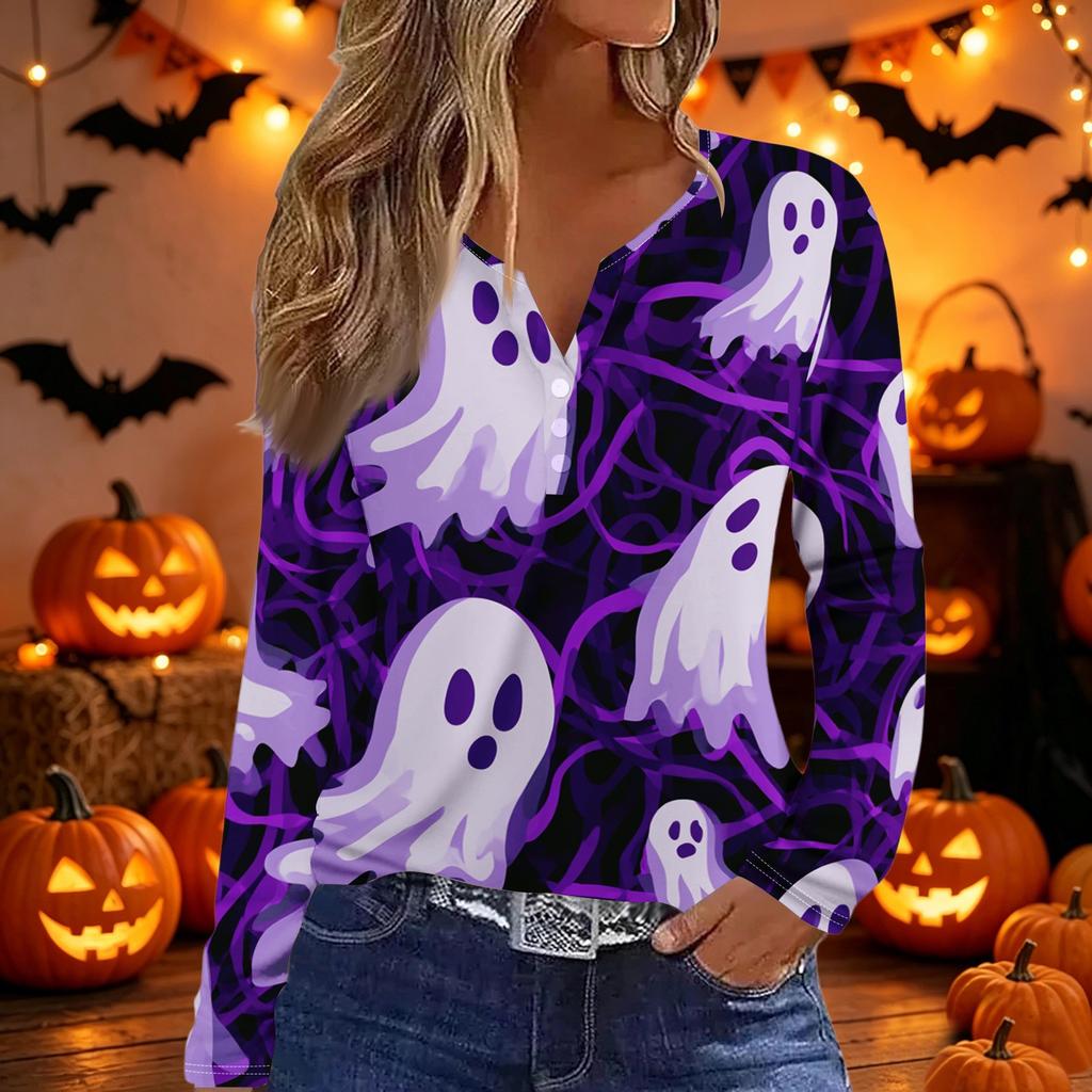 Womens Casual Long Sleeve V Neck Button Down Top Halloween Print Pullover Shirt Lightweight Comfortable Fit