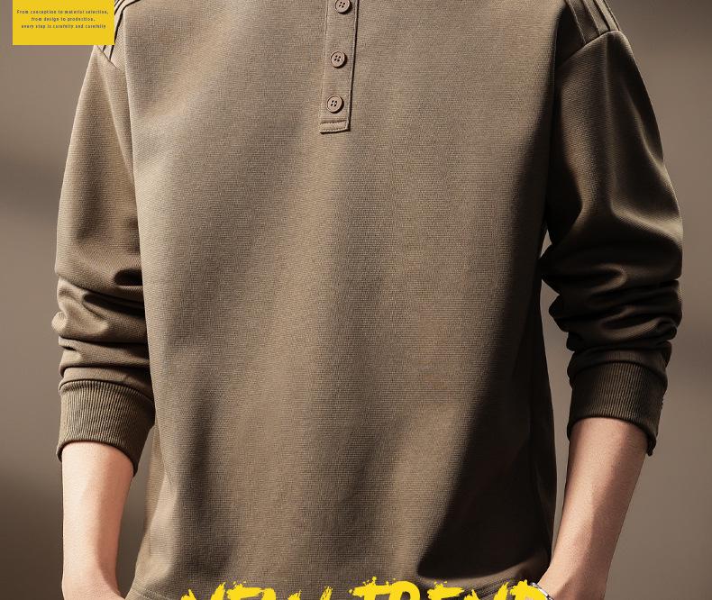 Luxury 300g Heavyweight Men's Henley Collar Pleated Hoodie - Autumn American Trend T-Shirt with Long Sleeves