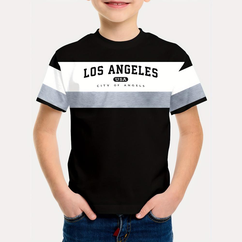 

Simple striped 3D printed short sleeved T-shirt, casual children s clothing, fashionable boys T-shirt 150