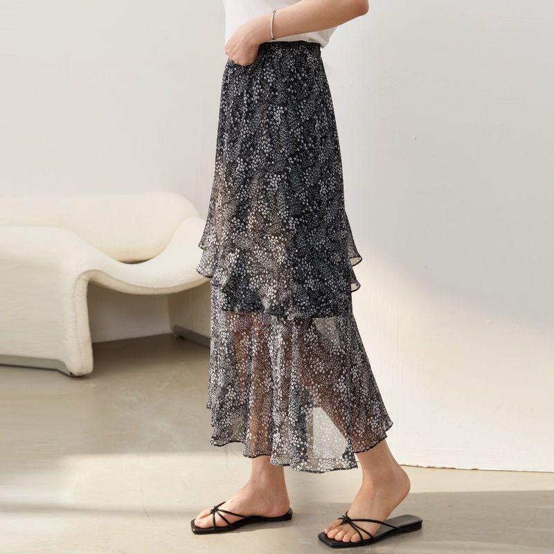 High Waist Summer Floral Chiffon  Skirt with Side Split and Ruffles