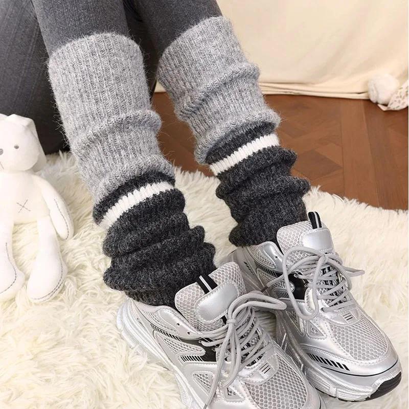 New Vintage Thickened Warm Leg Warmers Y2k Women Color Block Wool Knitted Long Socks Stacking Boot Cuffs New Design 2026