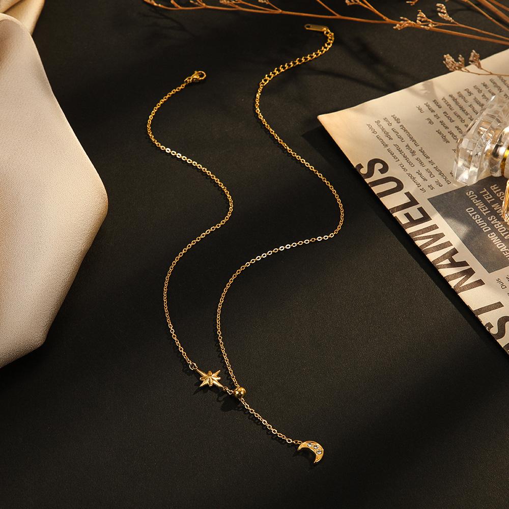 Trendy Star Moon Titanium Steel Necklace Women Small Pendant Jewelry 14K Gold Plated Fashion Gift