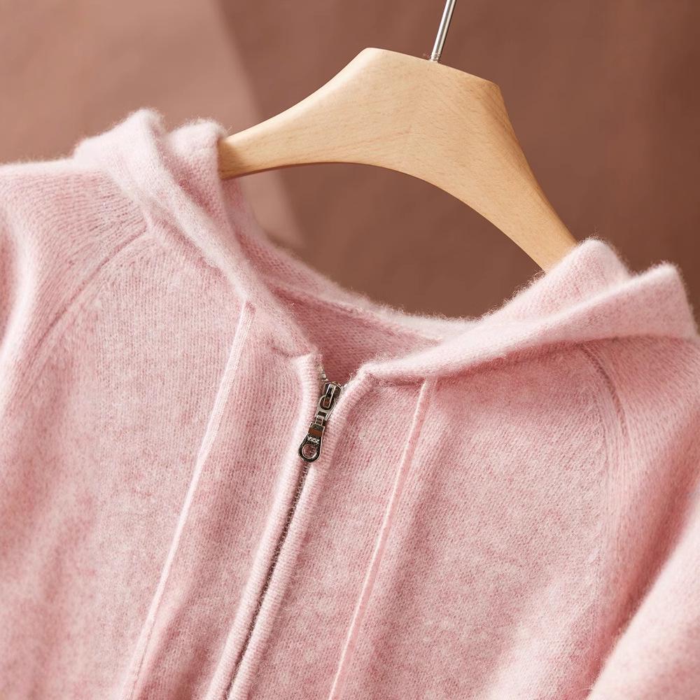 Women's Cashmere Hooded Double Zipper Cardigan - Solid Color, Warm, Stylish Autumn/Winter Jacket