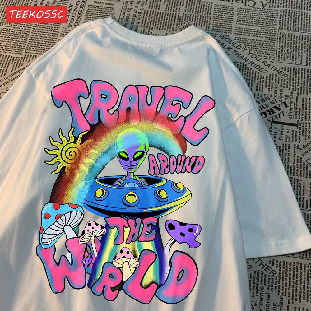 Mode Baumwolle Damen T-Shirts Alien UFO Weltreise Drucke Kurzarm Rundhalsausschnitt Weich Atmungsaktiv Street Damen Kleidung
