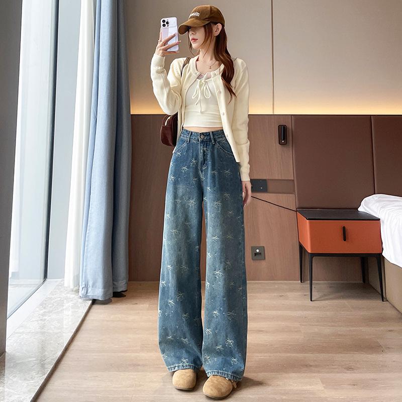

In-Stock Denim Maternity Wide-Leg Pants with Bow Jacquard and Adjustable Pig Nose Buckle XL