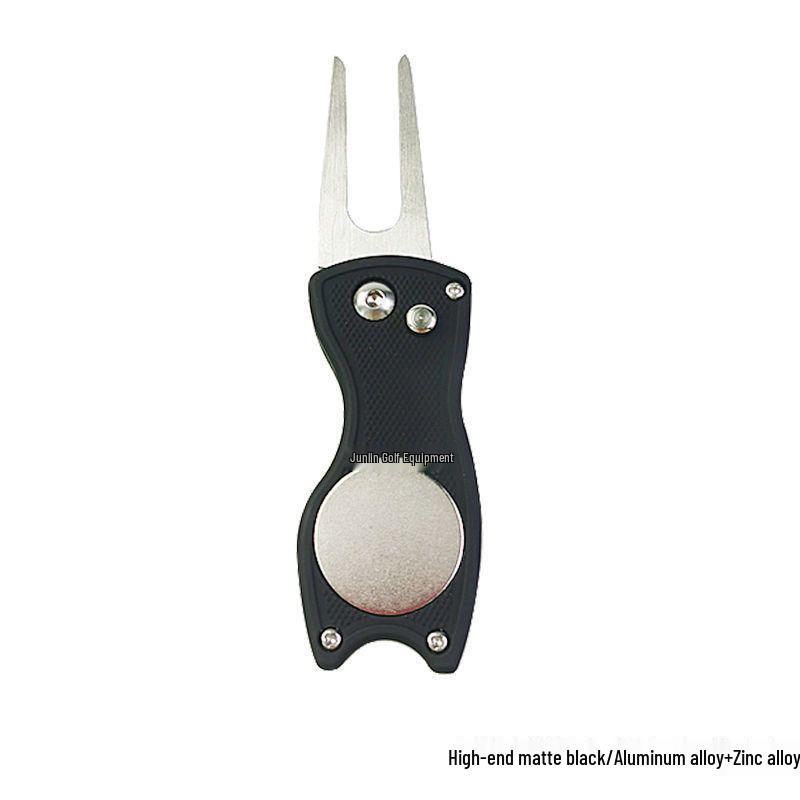 Spring-Loaded Foldable Golf Green Repair Fork with Detachable Marker - Zinc Alloy Construction