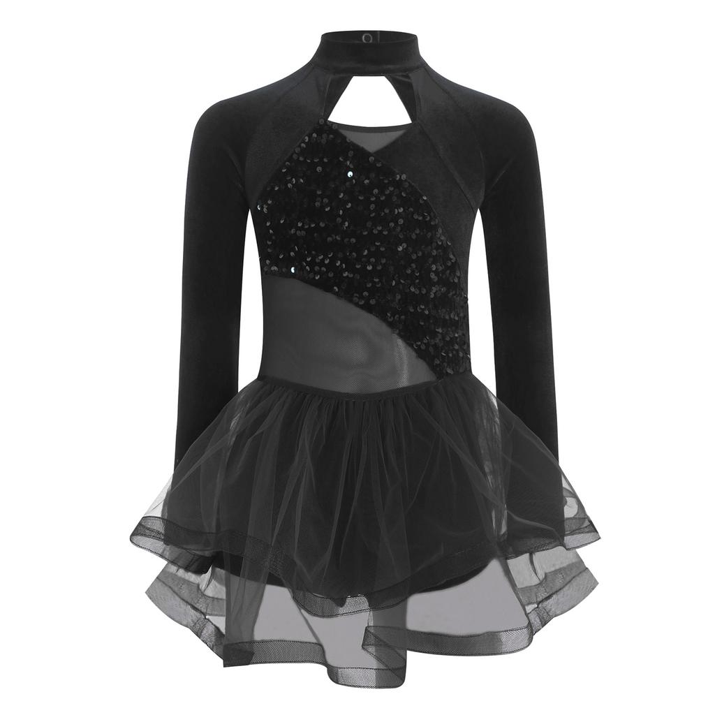 Girls Sequined Tutu Dress Long Sleeves Mock Neck Velvet Patchwork Cutout Back Performance Costume