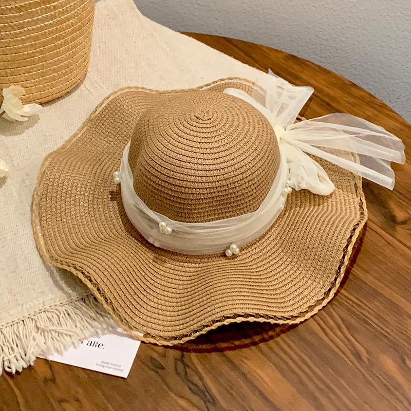 Lace pearl wavy edge bow straw hat women's summer sunshade seaside vacation big brim sun hat