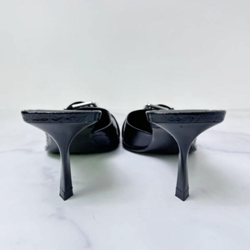 Mode Spitzschuh Damen Pantoletten Schuhe Gürtelschnalle Schwarz Lackleder Stiletto Hohe Absätze Modedesigner Sommer Sandalen für Damen