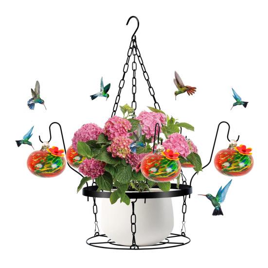 

Кормушка для колибри из выдувного стекла ручной работы, подвесной металлический держатель для кашпо 2 в 1 с 6 маленькими кормушками для птиц из выдувного стекла для декора окон в саду и на заднем дворе D