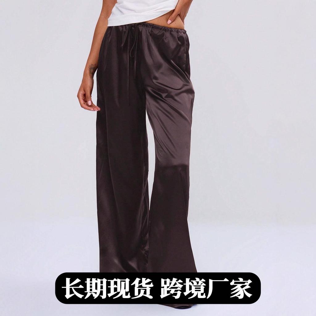 Pantaloni Lunghi Casual da Donna in Raso con Vita Elastica a Gamba Larga