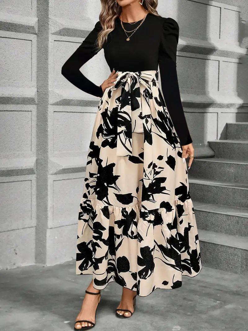 2024 new Amazon cross-border special for European and American color matching flower printing dress NZ0162 S чёрный