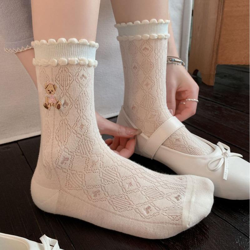 Cute Little Bear Embroidered Socks - Children's Cartoon Plush Socks, Thin Style with Lace and Boneless Bows