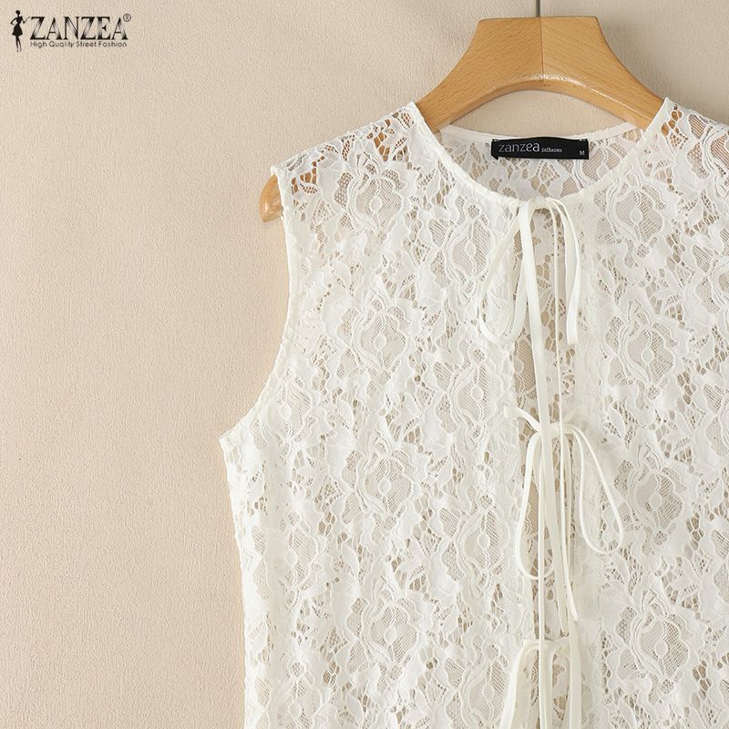 ZANZEA Women Casual Round Neck Sleeveless Lace Long Cardigan Tops