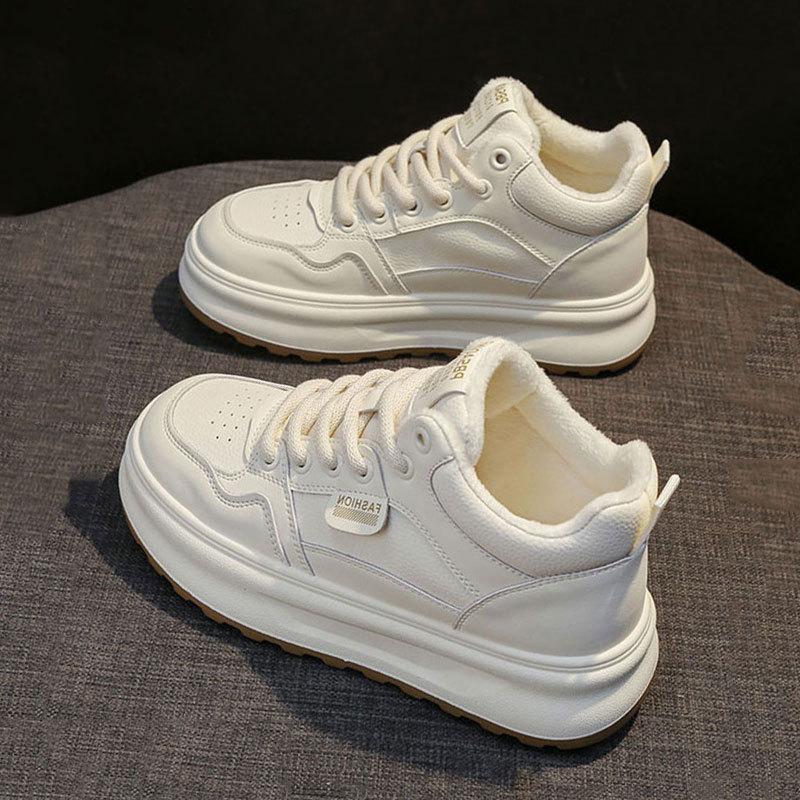 Leather High-top Cotton Shoes Women's New Winter Velvet White Shoes Casual Sports Thick-soled High-top Shoes Children