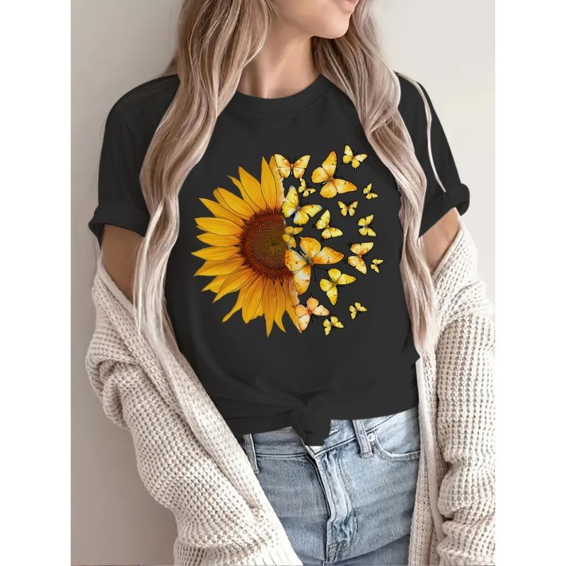 Women's Stylish Short-Sleeve Top with Sunflower and Yellow Butterfly Print, a Lively and Cute Series Featuring a Soft, Stretchy Round-neck Casual Top.