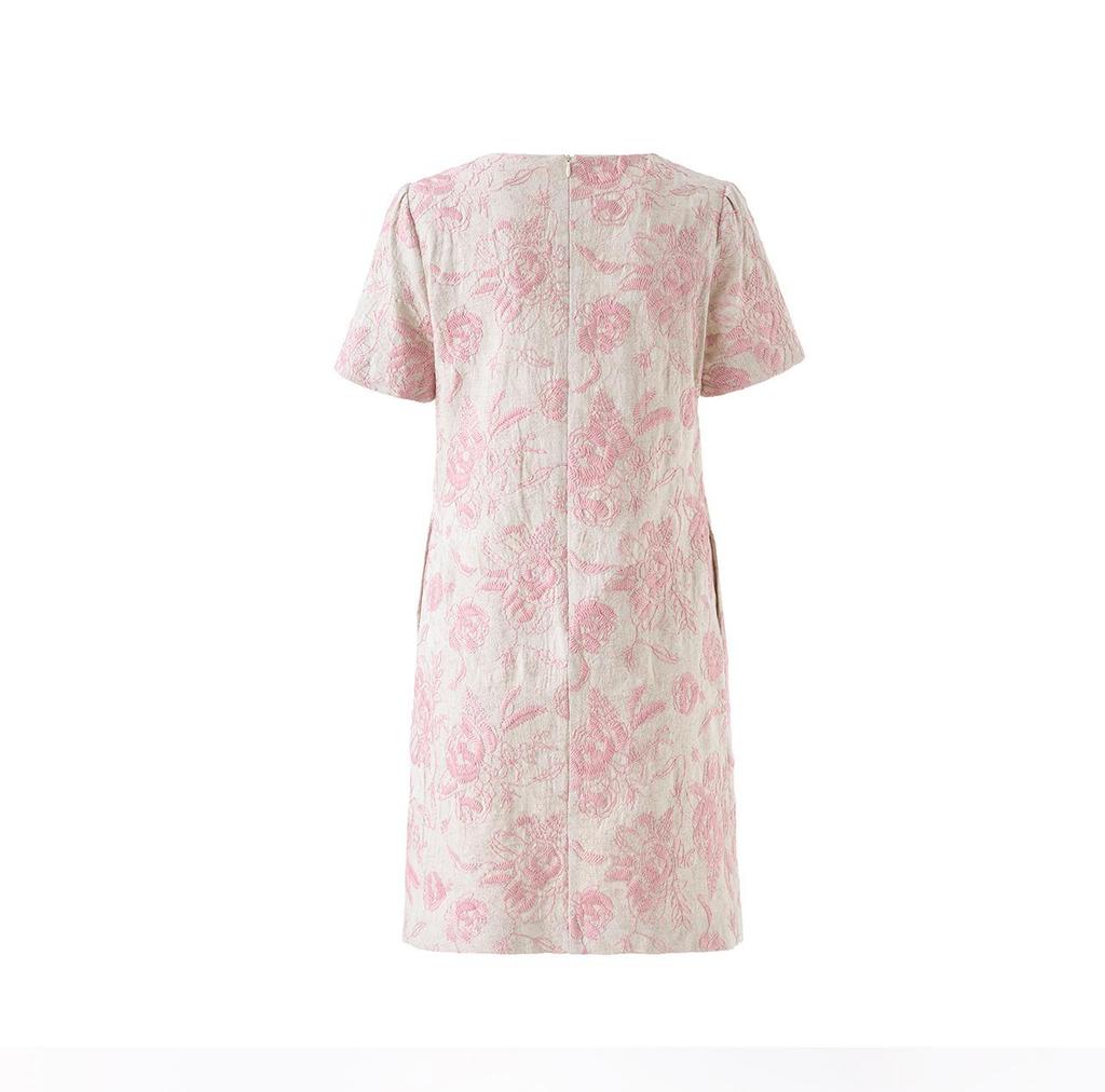 Nanyou Elegant Embroidered Jacquard Linen A-line Dress with Waist-cinching Short Sleeves for Spring/Summer Style