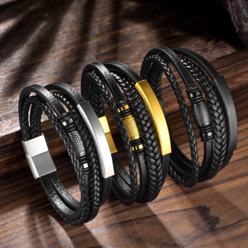 Stainless Steel Multi-Layer Braided Leather Bracelet Men With Magnetic Clasp Fashion Geometric Design