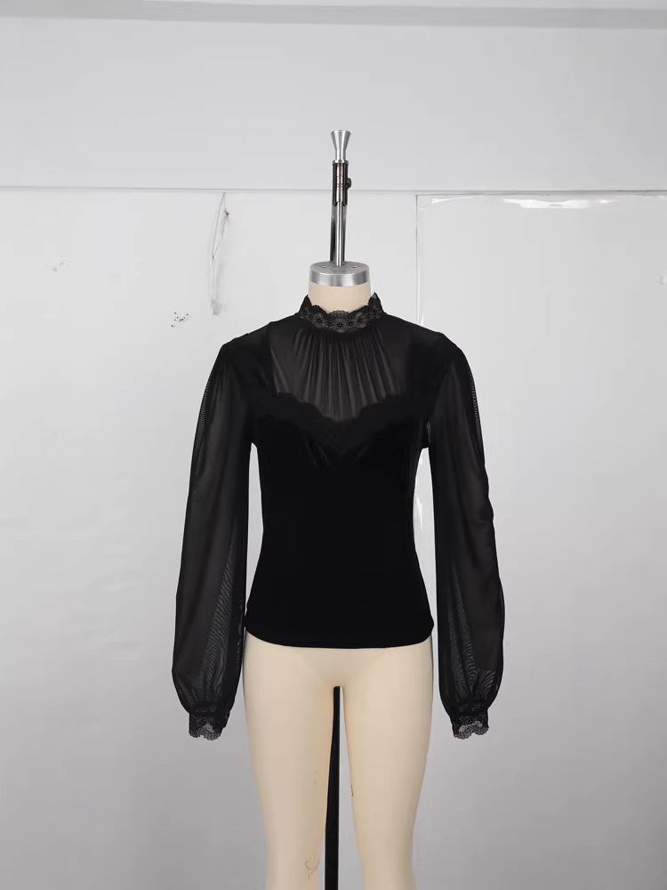 Elegant Spliced Mesh Bell Sleeve Lace-up Waist Top - Spring/Autumn 2026 Collection