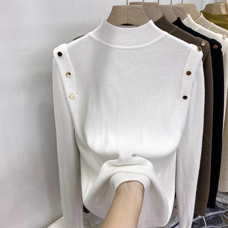 Temperament simple casual semi-turtleneck shoulder buckle design autumn and winter new solid color thin thick bottoming shirt
