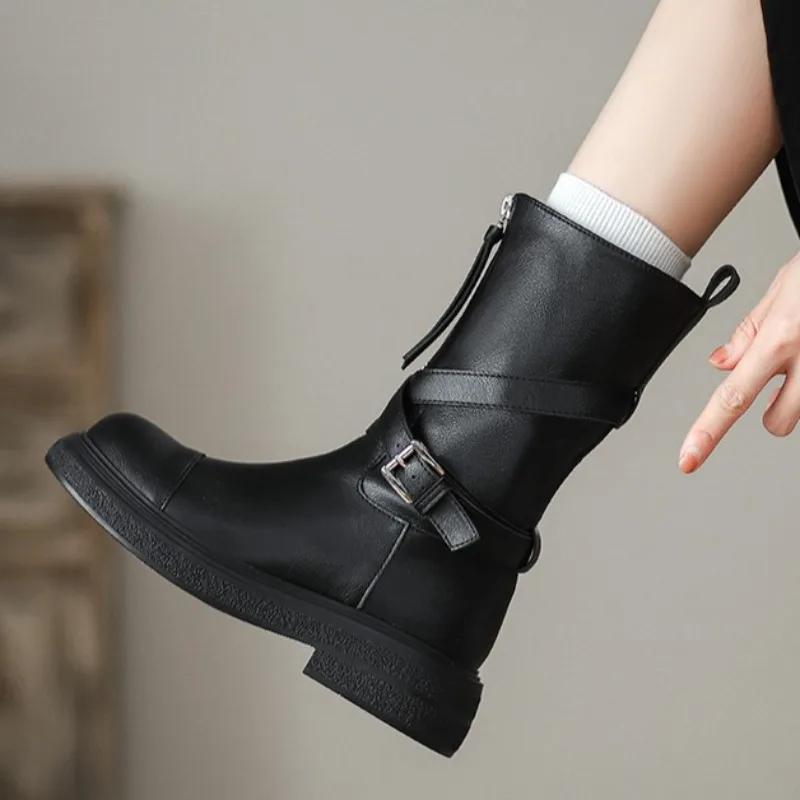 

Fashion Platform Mid-Tube Knight Boots 2025 Autumn Winter Retro Heightened Booties 35 чёрный