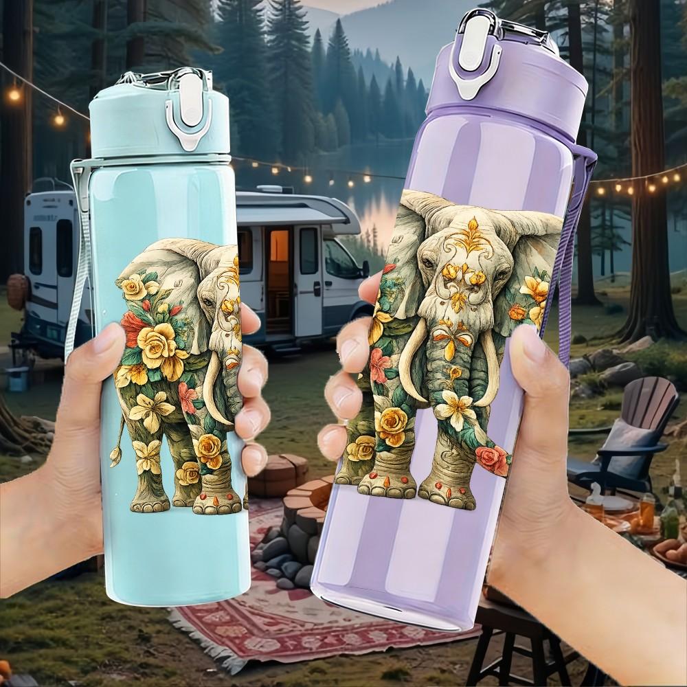 1PC Decorated Bohemian Elephant Print 750ml Color Plastic Sports Water Bottle Leakproof Flip Straw Lid Suitable for Sports Office Home Use