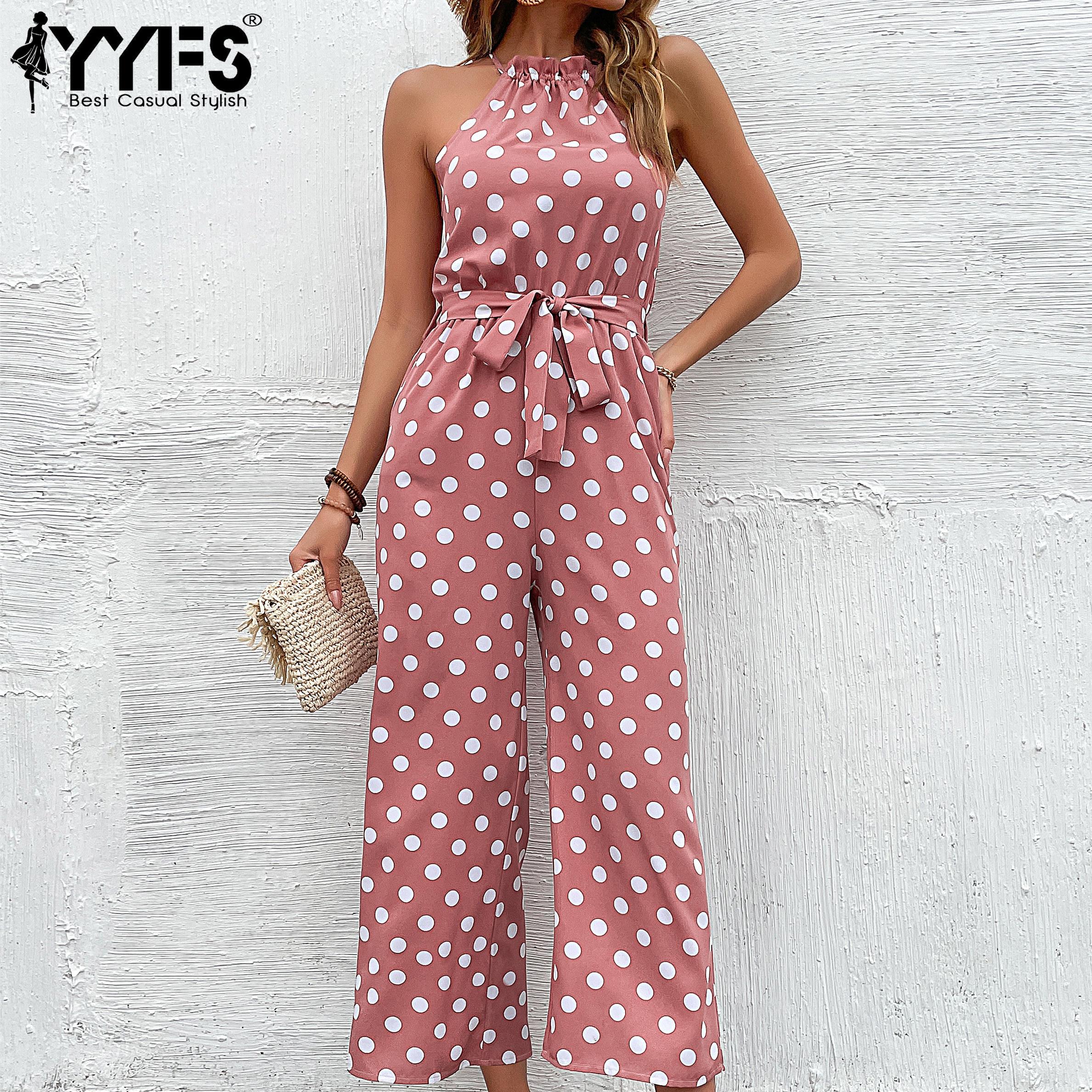 

YYFS женские модные повседневные брюки в горошек с принтом на лето и весну, брюки без рукавов с высокой талией, комбинезоны и комбинезоны