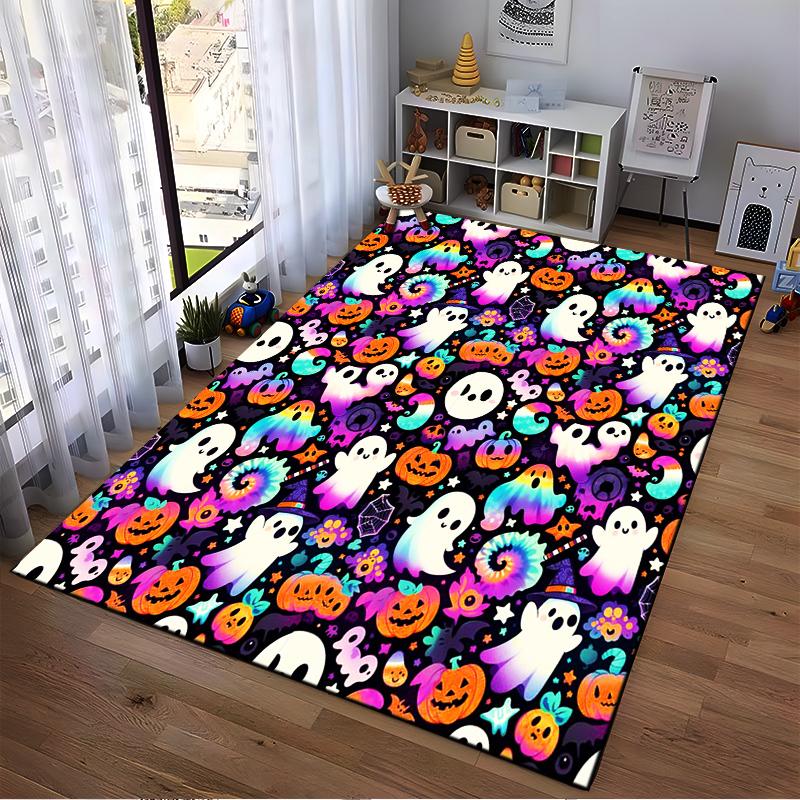 Colorful Halloween Ghosts and Pumpkins Rug Non-slip Rug Suitable for Living Room and Bedroom Sofas.