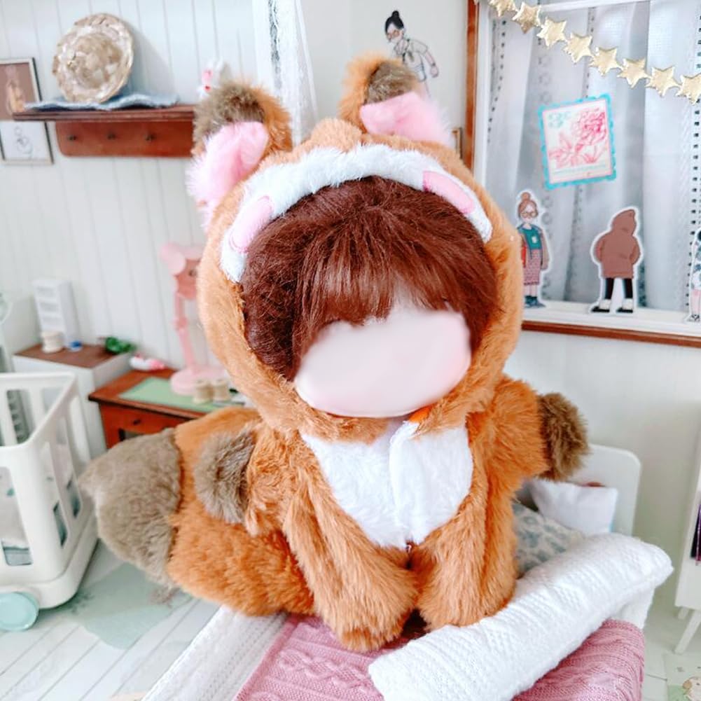 YUYAKESHI Cotton Doll Clothes, Animal Doll Outfit, with Ears and Hat, for 20cm Plush Toys, Cute Animal Costume, Fluffy Home Wear, Tail (Brown Fox)