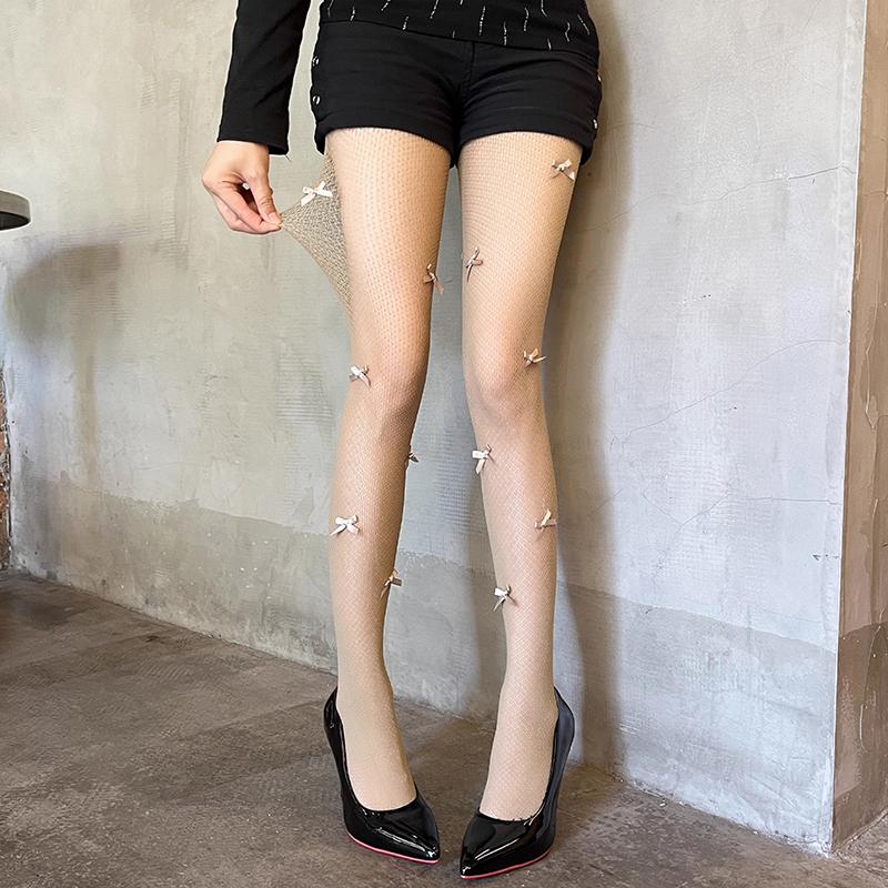 Bowknot Hollow Out Pantyhose Women Sexy Thin Ins Tide Lace Tights Fishnet Silk Stockings For Party Christmas