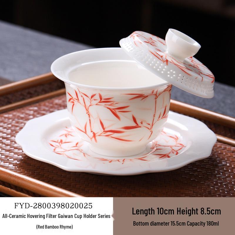 Large Dehua Mutton Fat Jade Ceramic Tea Bowl Set with Three Talents Lid