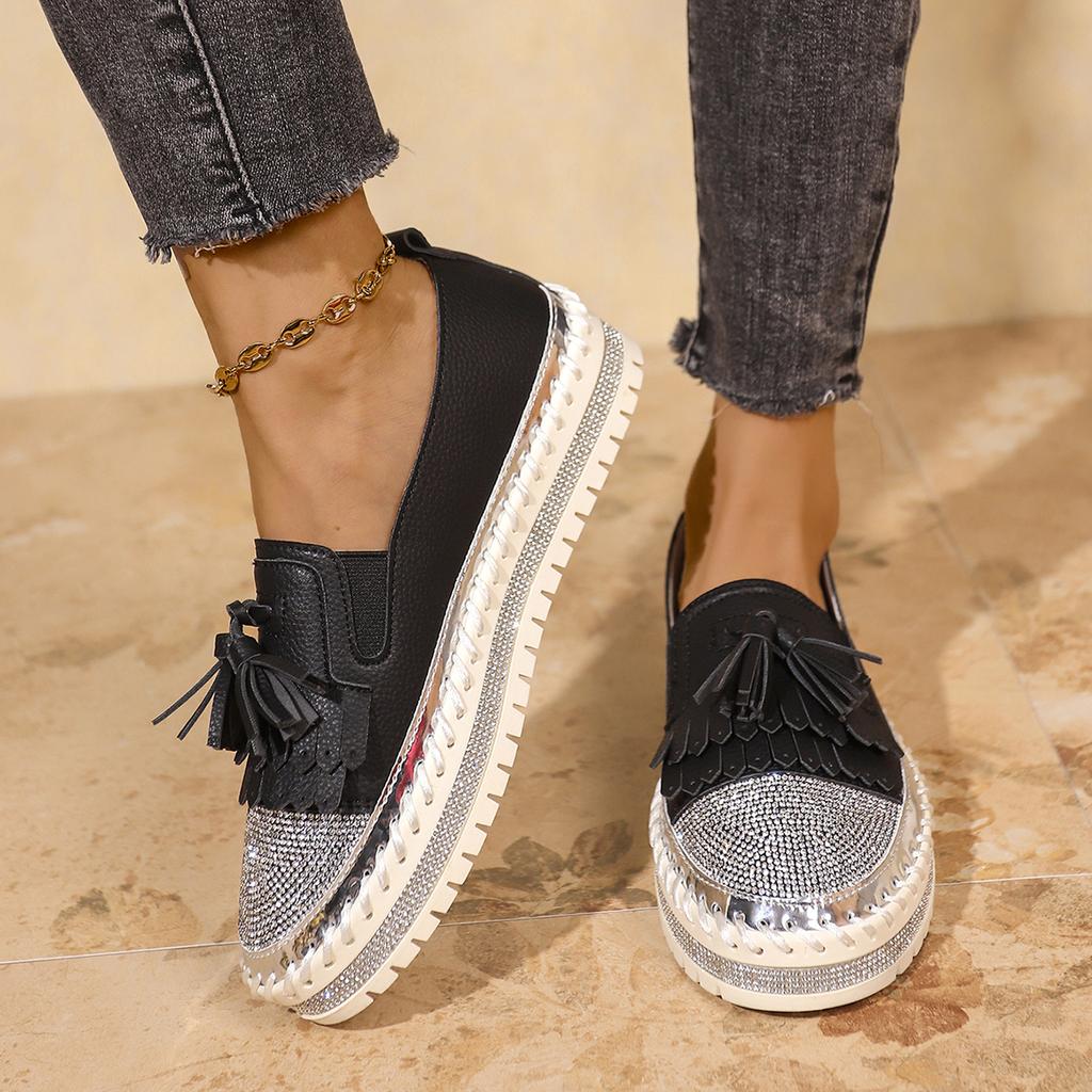Fashion Aphixta Fringe and Crystals Design Leather Flats Shoes Women Silver Bling Loafers Shoes Woman Flat With Student Footwear Size 43