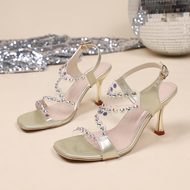 Fashion Rhinestone Clear One Buckle Strap Square Toe Sandals Women's Summer New Versatile Stiletto Non-Slip High Heels