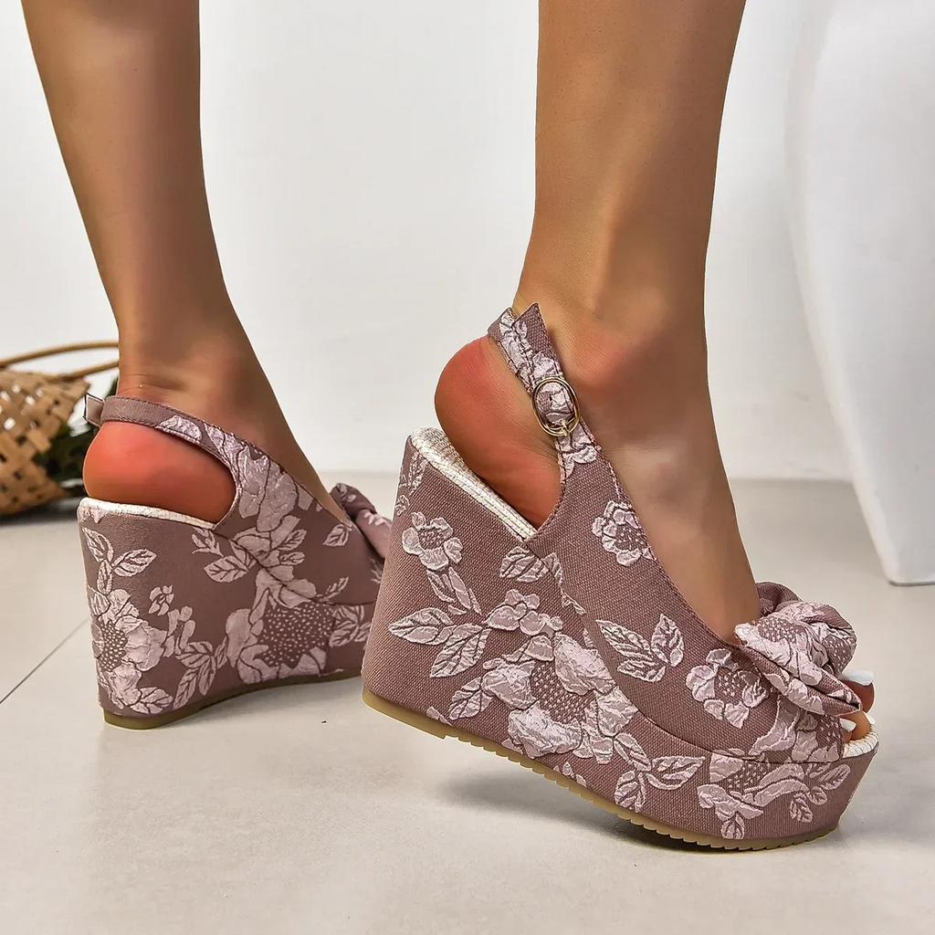 Slope Heel Sandals Female 2025 Summer New Bow Embroidery High-heeled Fish Mouth Shoes Thick Bottom Fashion Versatile Women Shoes