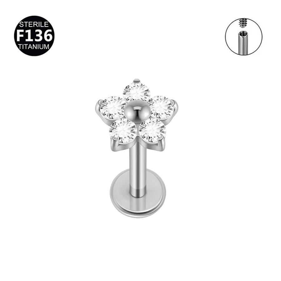 F136 Titanium Alloy Zircon Flower Stud: Lip, Philtrum, Ear, or Cochlea Piercing Jewelry 1.2x6mm