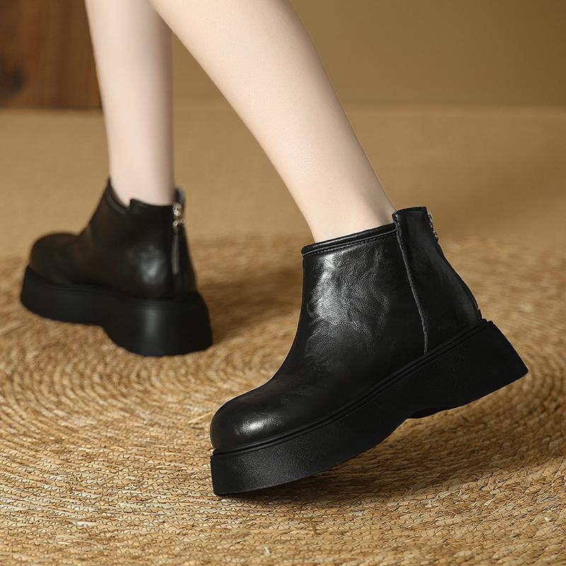 Fashion Back Zipper Short-barrel Cotton Boots Autumn and Winter New Round Toe Platform Non-slip Wear-resistant Wedges