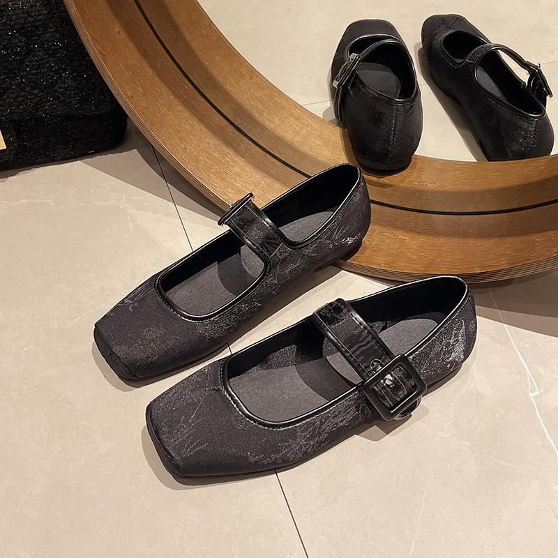 Fashion Spring New Low Heel Single Shoes Women's Square Head Shallow Mouth One Word Buckle Soft Sole Non-slip Low Top Shoes