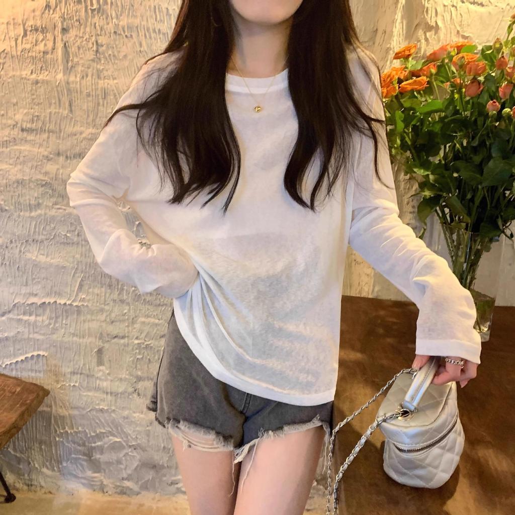 Women's Sheer Yellow Long-Sleeve Sunscreen T-Shirt - Simple, Loose, Round Neck Pullover