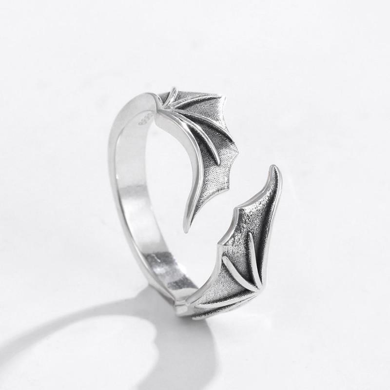 Adjustable Open Ring Men Women Vintage Gothic Wing Design Plated Unisex Statement Jewelry