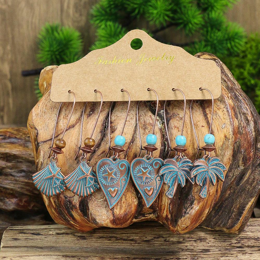 Fashion Vintage Style  Drop Earring Combination Set Heart Shaped Zinc Alloy Circling Hollow Design Leaf Feather Shell Gift